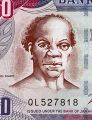 Samuel Sharpe (1801 - 1832) portrait on Jamaica 50 Dollar banknote close up macro, Jamaican money closeup. National Hero of Jamaica.