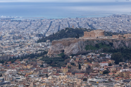 Amazing view of the Acropolis of Athens from Lycabettus hill, Attica, Greece