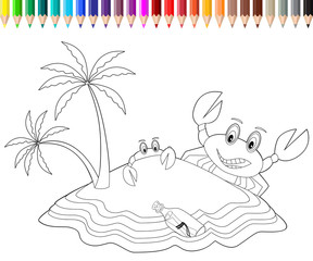 Coloring book - crabs on the island - palm tree - message bottle