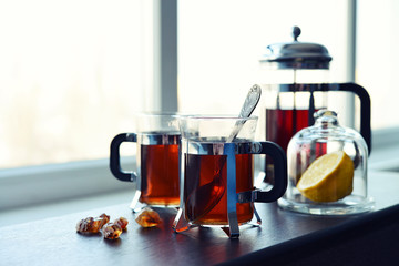 Cups of tea  with french press