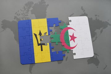 puzzle with the national flag of barbados and algeria on a world map