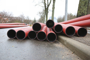 Red plastic pipes