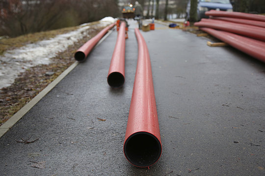 Red plastic pipes