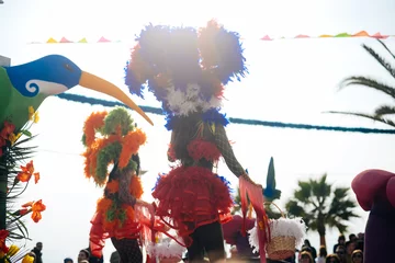 Poster Blurry silhouette of unrecognizable joyful dancing woman wearing carnival feathers costume on sunny street outdoors background. Back view © aquar
