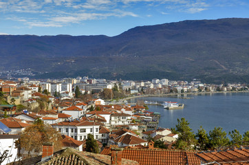 Obraz premium Ohrid with Lake Ohrid, Macedonia - Old town and harbor