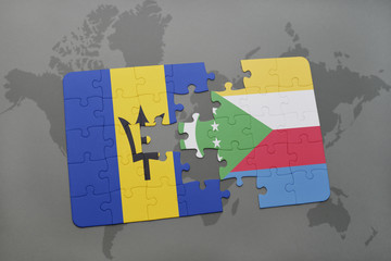 puzzle with the national flag of barbados and comoros on a world map