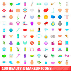 100 beauty and makeup icons set, cartoon style