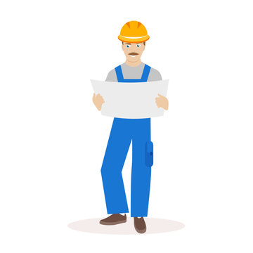 Builder or construction superintendent in a helmet and with blueprints construction in their hands. Flat character isolated on white background. Vector, illustration EPS10.