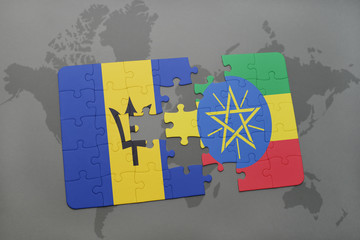 puzzle with the national flag of barbados and ethiopia on a world map