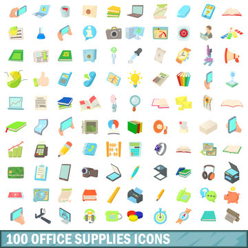100 office supplies icons set, cartoon style