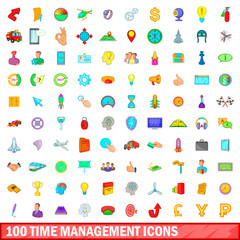 100 time management icons set, cartoon style