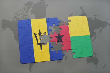 puzzle with the national flag of barbados and guinea bissau on a world map