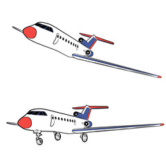 Vector illustration of a passenger jet in the static state and in flight on a white background