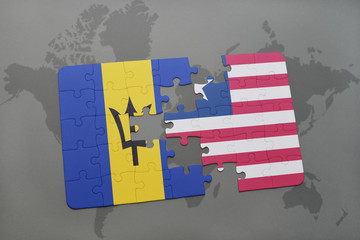 puzzle with the national flag of barbados and liberia on a world map