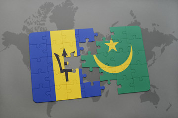 puzzle with the national flag of barbados and mauritania on a world map
