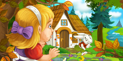 cartoon scene with young girl in the forest near the tree sneaking to cute house