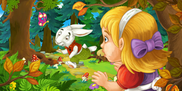 cartoon scene with young girl in the forest near the tree sneaking and looking at running rabbit