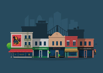 Obraz premium Illustrated city village street with shops and bars