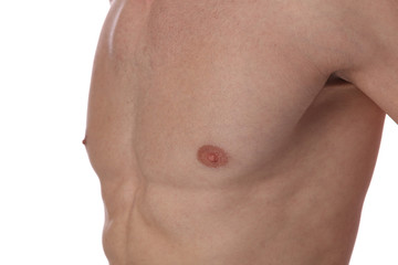 Muscular male torso close up , chest and armpit , underarm hair removal isolated on white...