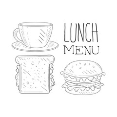 Cafe Lunch Menu Promo Sign In Sketch Style With Sandwich, Burger And Coffee, Design Label Black And White Template