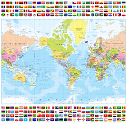 Centered America Political World Map and All World Country Flags-Bathymetry