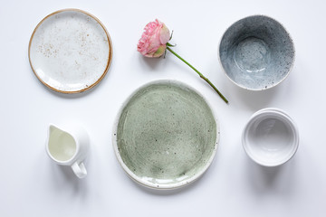 ceramic tableware top view on white background mock up