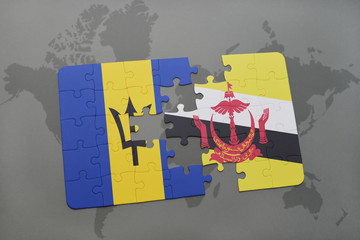 puzzle with the national flag of barbados and brunei on a world map