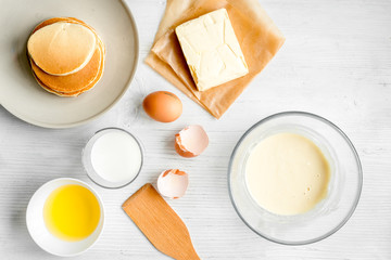 cooking pancake on white background top view ingredients for making