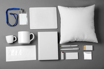 Set of blank items for branding on grey background