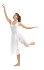 Beautiful young dancer on white background