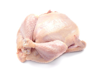 Whole raw chicken on white background