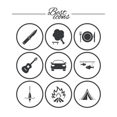 Hike trip, camping icons. Fishing, tourist tent.