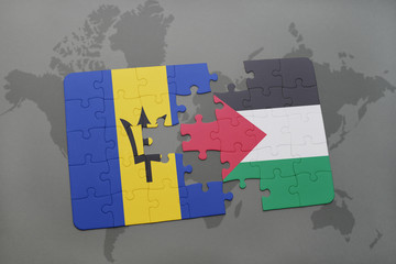 puzzle with the national flag of barbados and palestine on a world map