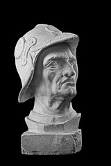 White plaster bust, sculptural portrait of warrior in armor and helmet Bartolomeo Colleoni