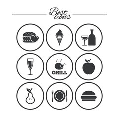 Food, drink icons. Alcohol and burger signs.