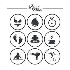Spa, hairdressing icons. Swimming pool sign.