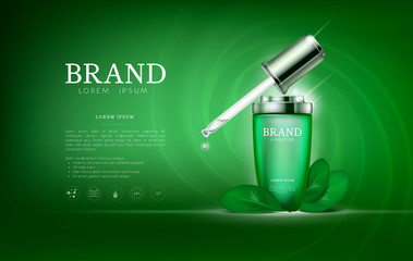 Serum essence tea with dropper in bottle. Skin care collagen hyaluronic moisture formula treatment with honeycomb design elements. Anti age drops DNA helix protection and lifting solution