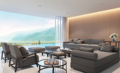 Modern living room with mountain view 3d rendering Image. There are border less swimming pool .There are large open door overlooking the surrounding nature and mountains
