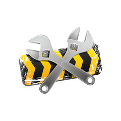 yellow caution ribbon with wrench emblem, vector illustraction design image