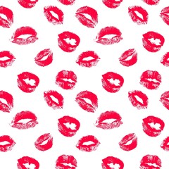 Seamless pattern with kisses. Vector lip prints.