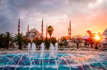 The Blue Mosque, (Sultanahmet Camii) in sunset, Istanbul, Turkey.