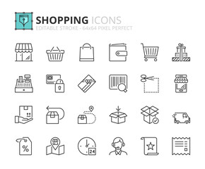 Outline icons about shopping - obrazy, fototapety, plakaty