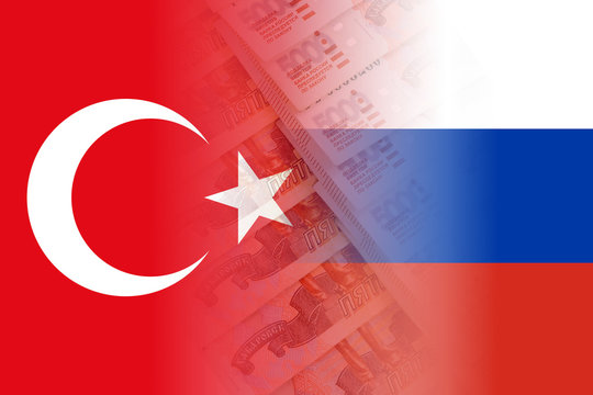 turkey and russia flags with ruble banknotes mixed image