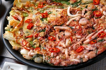 Seafood and Green Onion Pancake.  Haemul-pajeon.