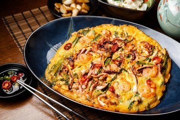 Seafood and Green Onion Pancake.  Haemul-pajeon.