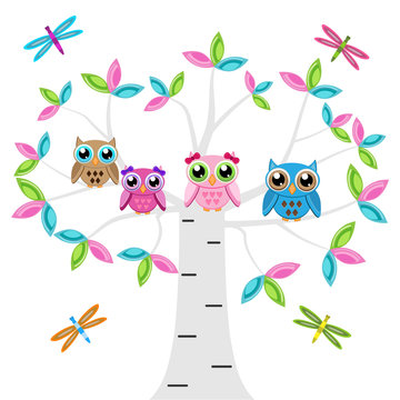 Four owls on a tree with dragonflies