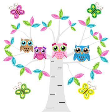 Four colorful owls on the tree with butterflies