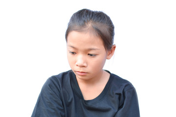 Sad little Asian girl on white background