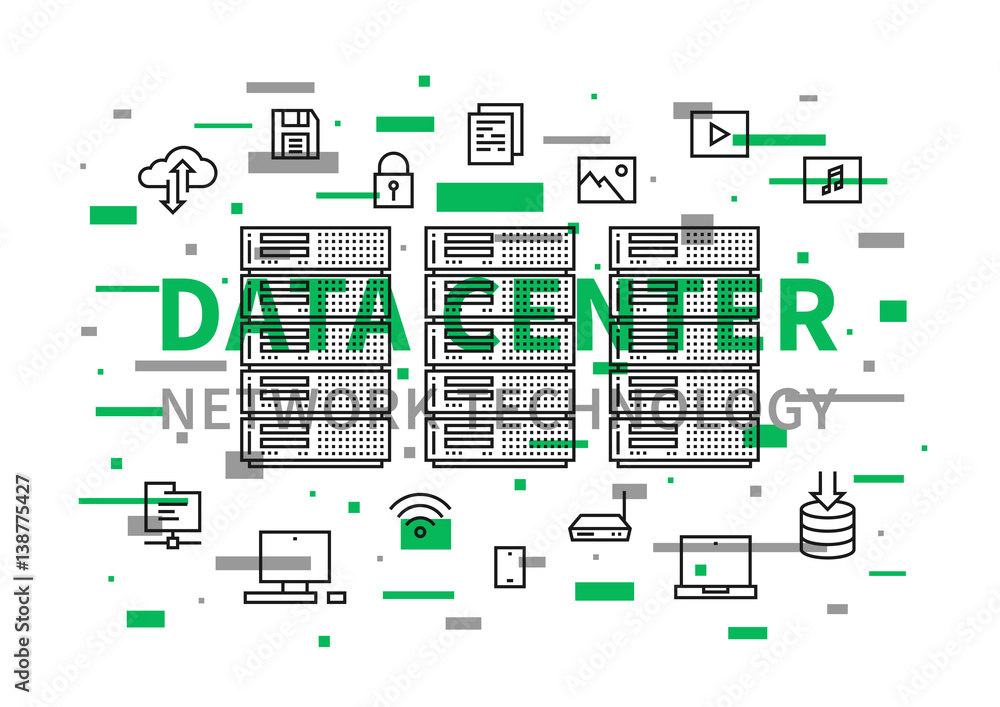 Aufkleber data center network technology vector illustration. internet server equipment line art creative conc