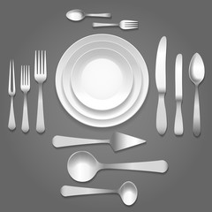 Vector dinnerware top view. Empty plates, forks and knifes and cutlery